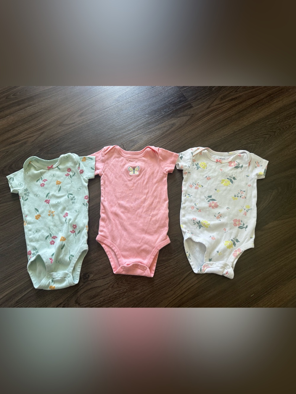 Carters 9M Set of 3 Baby Short-Sleeve Onesies - Mint Floral, Coral, White Floral
